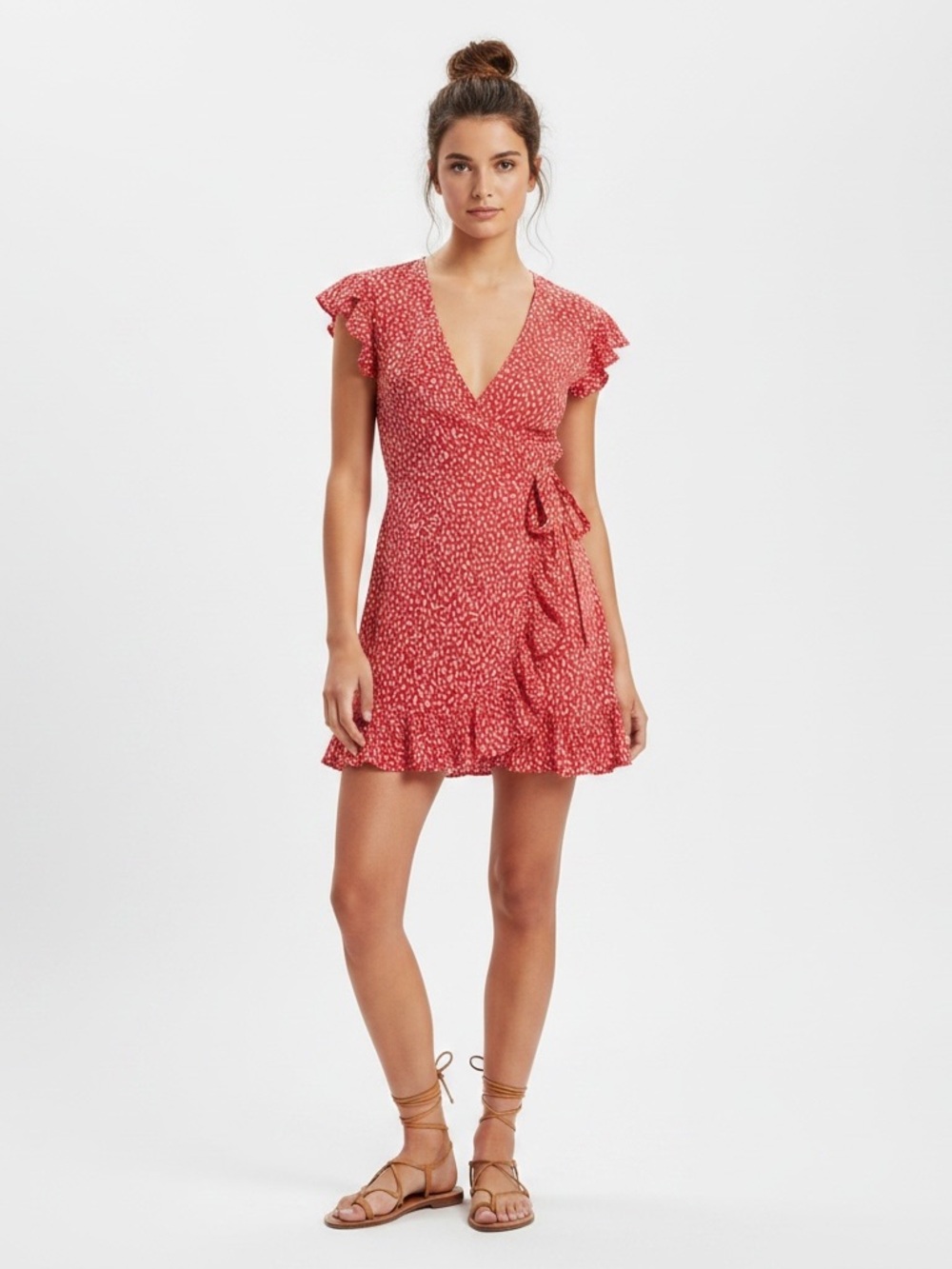 Billabong | Pink and white printed short sleeve ruffle mini wrap dress small
